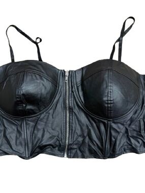 like an angel Black Faux Leather Bustier Crop Top with Front Zip